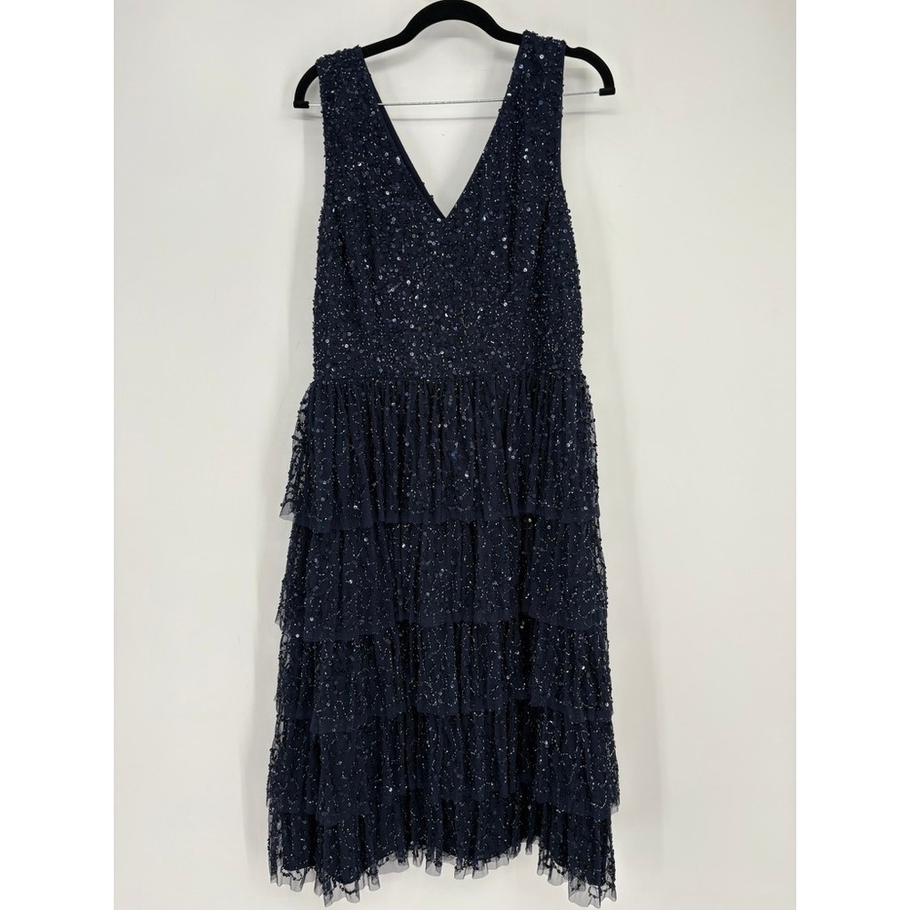 Pisarro Nights Dress Womens 14 Navy Blue Beaded Tiered‎ Sequined Cocktail Midi